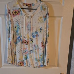 Chico's Colorful Butterfly Bird Print Long Sleeve Top Size 2 Rayon Lace Up Front